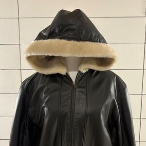 Vintage Ribak 100% Leather Hooded Jacket with Faux-Shearling Lining
